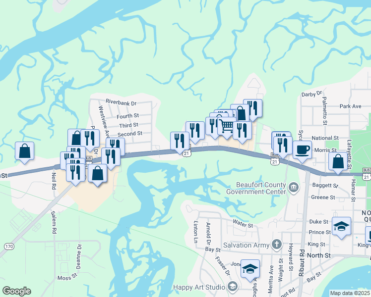 map of restaurants, bars, coffee shops, grocery stores, and more near 2247 Boundary St in Beaufort