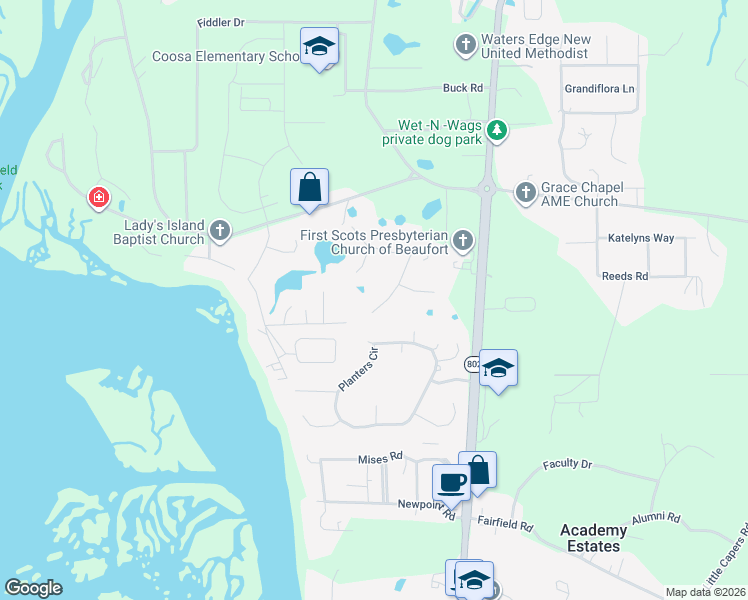 map of restaurants, bars, coffee shops, grocery stores, and more near 6 Chickadee Lane in Beaufort
