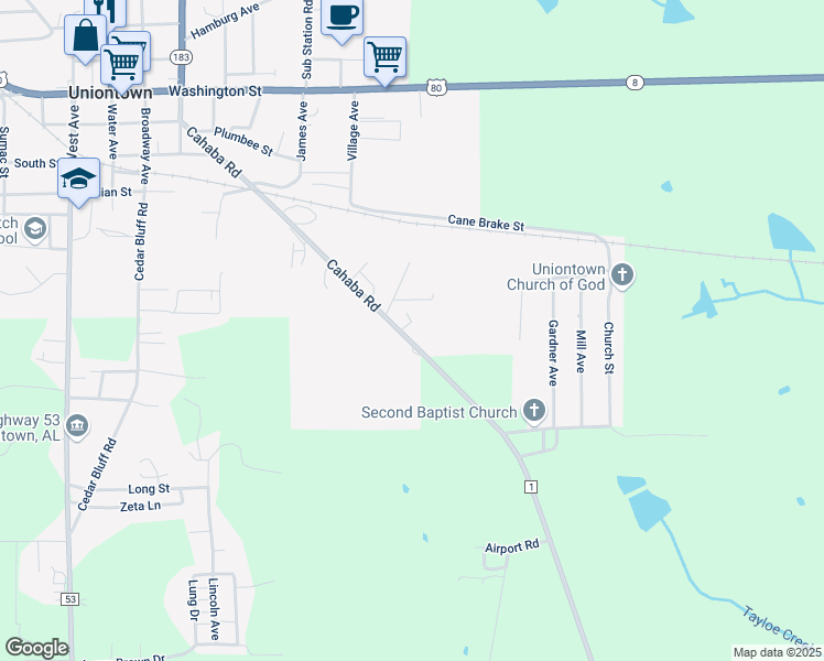 map of restaurants, bars, coffee shops, grocery stores, and more near 701 Cahaba Road in Uniontown