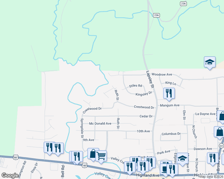 map of restaurants, bars, coffee shops, grocery stores, and more near 301 Ruth Street in Selma