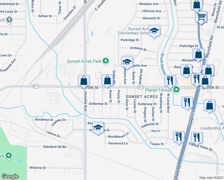 map of restaurants, bars, coffee shops, grocery stores, and more near 3419 West 70th Street in Shreveport