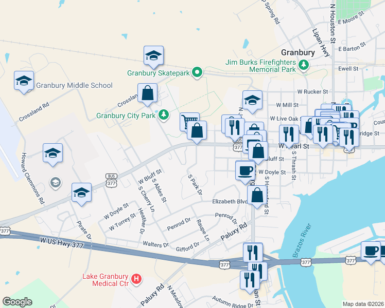 map of restaurants, bars, coffee shops, grocery stores, and more near 1111 West Pearl Street in Granbury