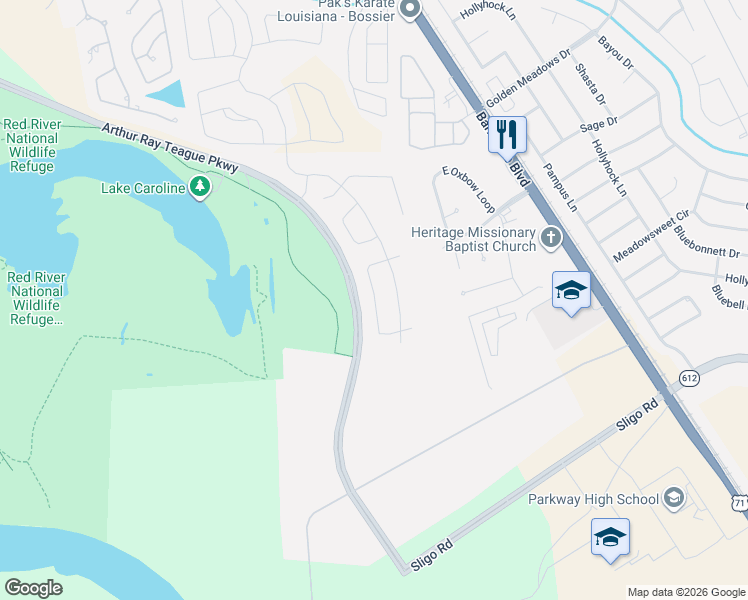 map of restaurants, bars, coffee shops, grocery stores, and more near 1801 Andy Circle in Bossier City