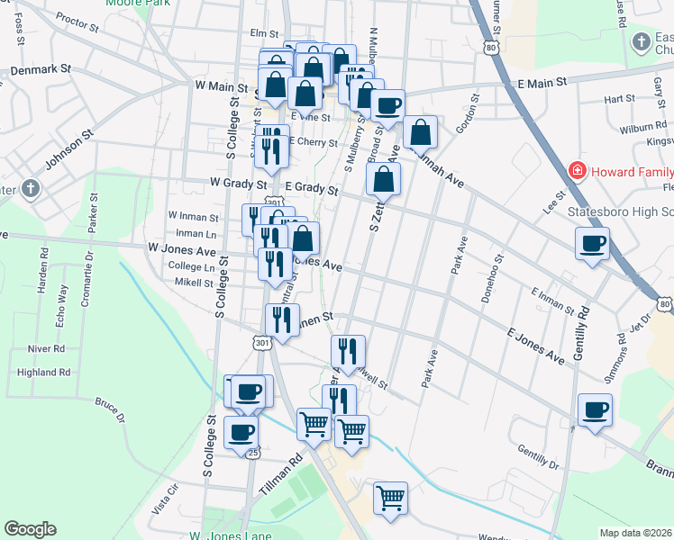 map of restaurants, bars, coffee shops, grocery stores, and more near 13 East Jones Avenue in Statesboro