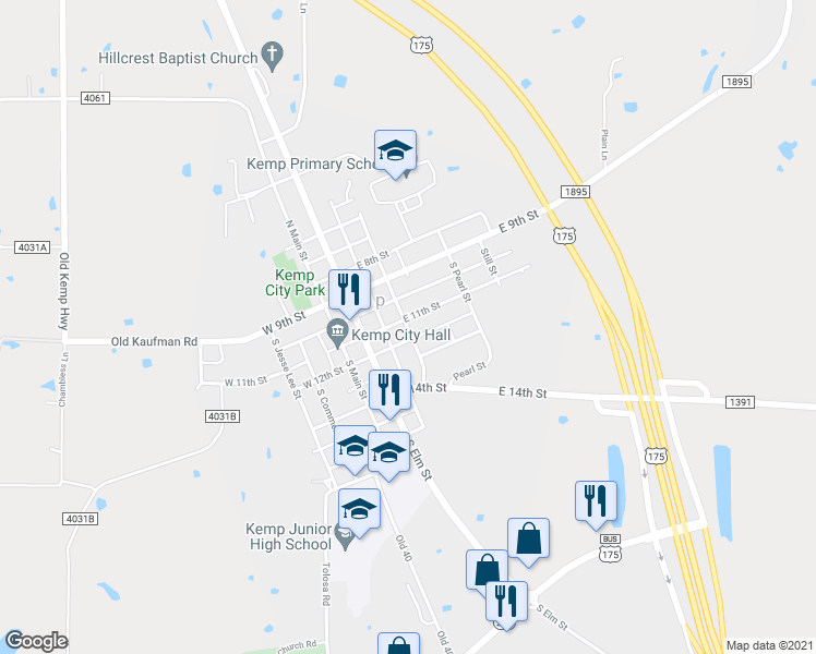 map of restaurants, bars, coffee shops, grocery stores, and more near 303 South Adams Street in Kemp