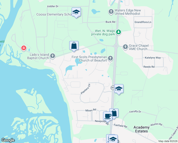 map of restaurants, bars, coffee shops, grocery stores, and more near 6 Chickadee Lane in Beaufort