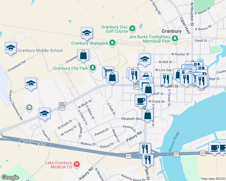 map of restaurants, bars, coffee shops, grocery stores, and more near 1025 West Pearl Street in Granbury