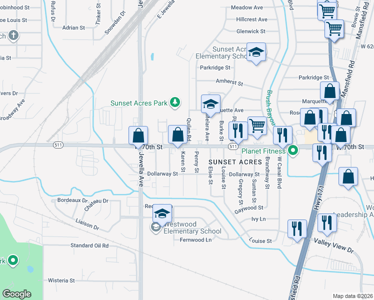 map of restaurants, bars, coffee shops, grocery stores, and more near 3419 West 70th Street in Shreveport