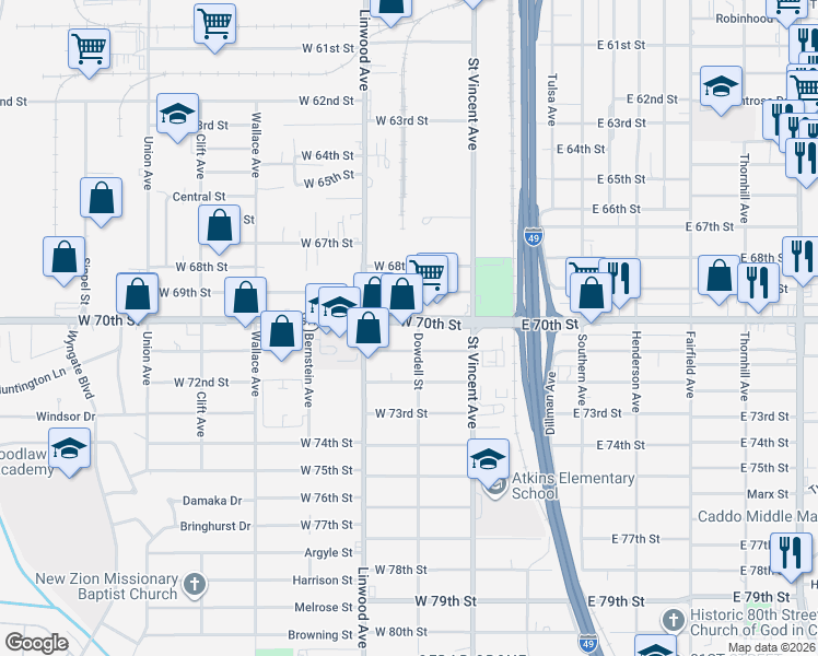 map of restaurants, bars, coffee shops, grocery stores, and more near 303 West 70th Street in Shreveport