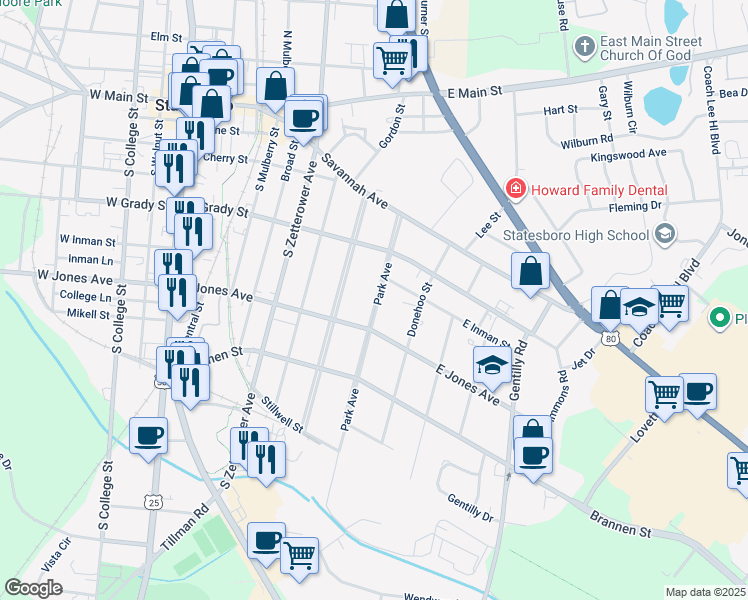 map of restaurants, bars, coffee shops, grocery stores, and more near 307 Park Avenue in Statesboro