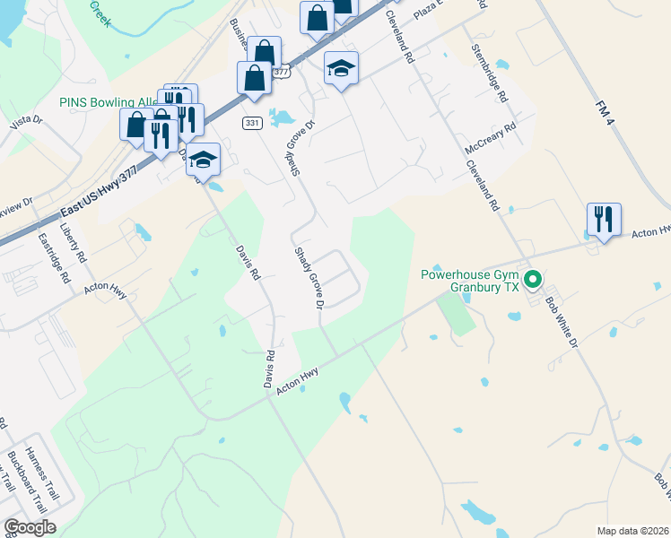 map of restaurants, bars, coffee shops, grocery stores, and more near 3111 Shady Lane in Granbury