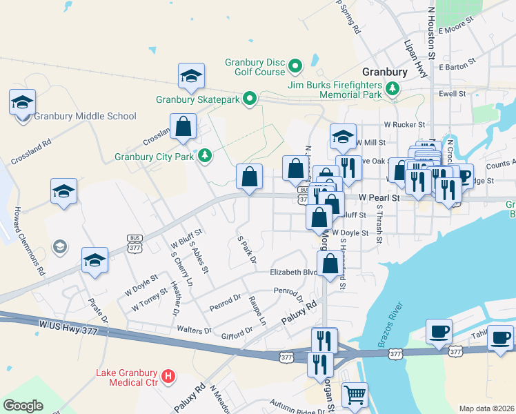 map of restaurants, bars, coffee shops, grocery stores, and more near 1025 West Pearl Street in Granbury