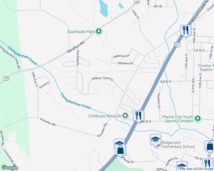 map of restaurants, bars, coffee shops, grocery stores, and more near 6 Lemon Way in Phenix City