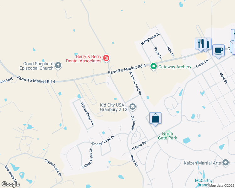 map of restaurants, bars, coffee shops, grocery stores, and more near 2828 James Road in Granbury
