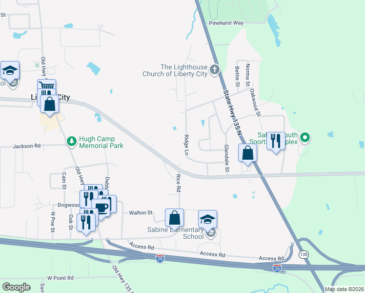 map of restaurants, bars, coffee shops, grocery stores, and more near 400-418 Ridge Ln in Kilgore