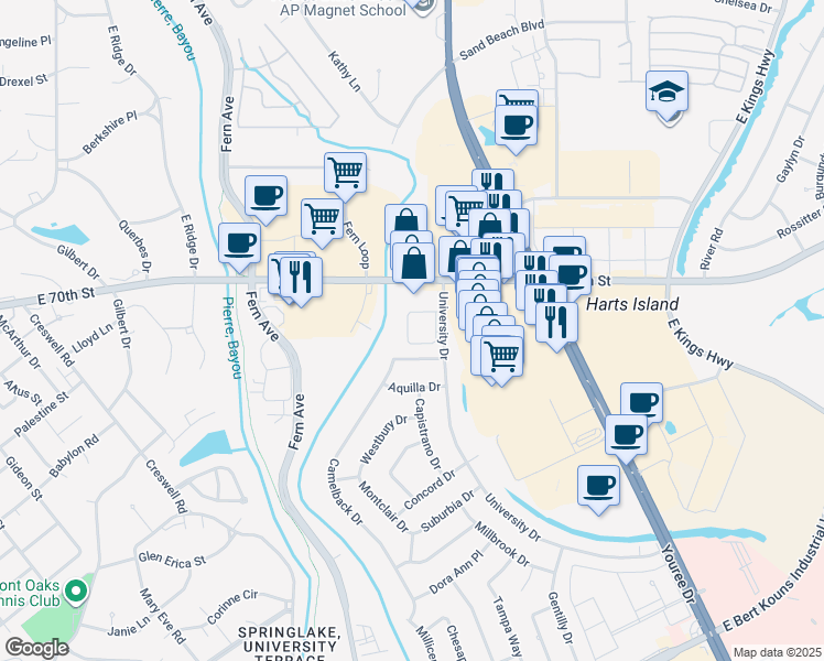 map of restaurants, bars, coffee shops, grocery stores, and more near 7110 University Drive in Shreveport