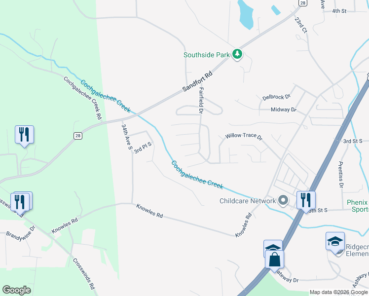 map of restaurants, bars, coffee shops, grocery stores, and more near 11 Harding Drive in Phenix City