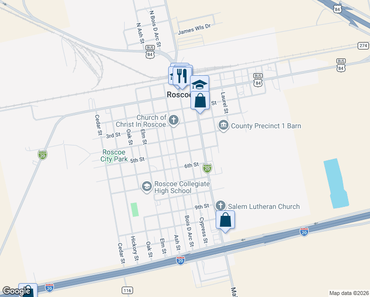 map of restaurants, bars, coffee shops, grocery stores, and more near 410 Cypress Street in Roscoe