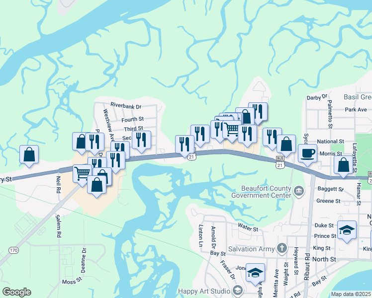 map of restaurants, bars, coffee shops, grocery stores, and more near 2247 Boundary St in Beaufort