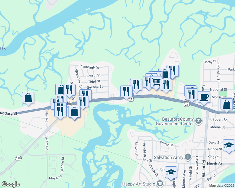 map of restaurants, bars, coffee shops, grocery stores, and more near 2249 Boundary Street in Beaufort