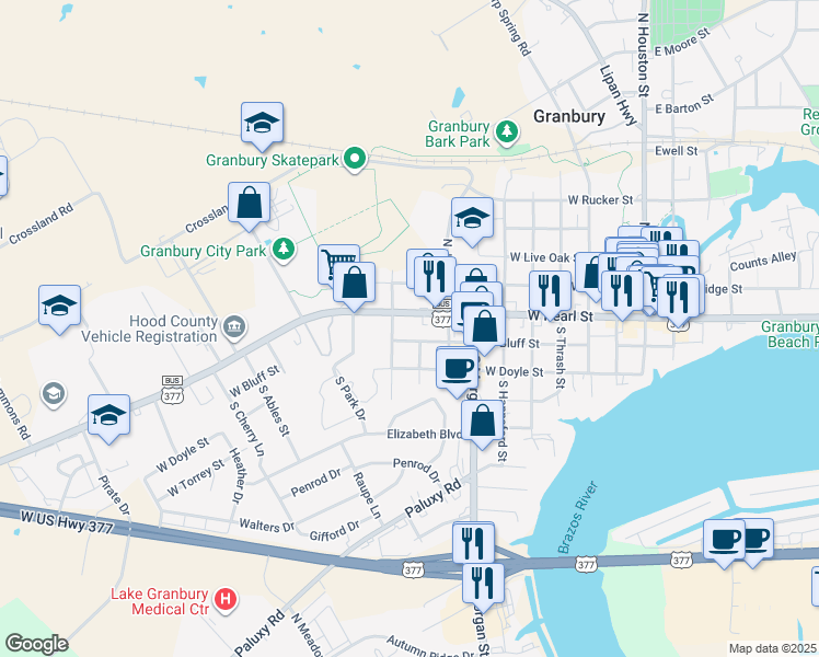 map of restaurants, bars, coffee shops, grocery stores, and more near 911 W Pearl St in Granbury