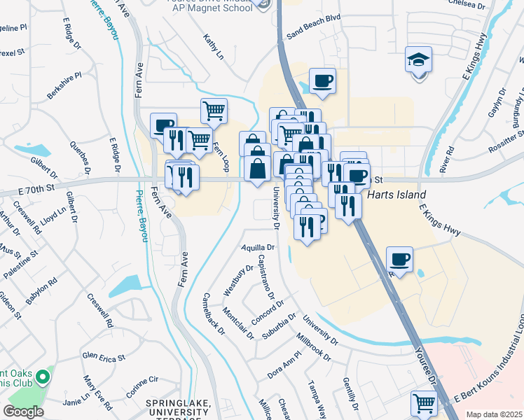 map of restaurants, bars, coffee shops, grocery stores, and more near 7110 University Drive in Shreveport