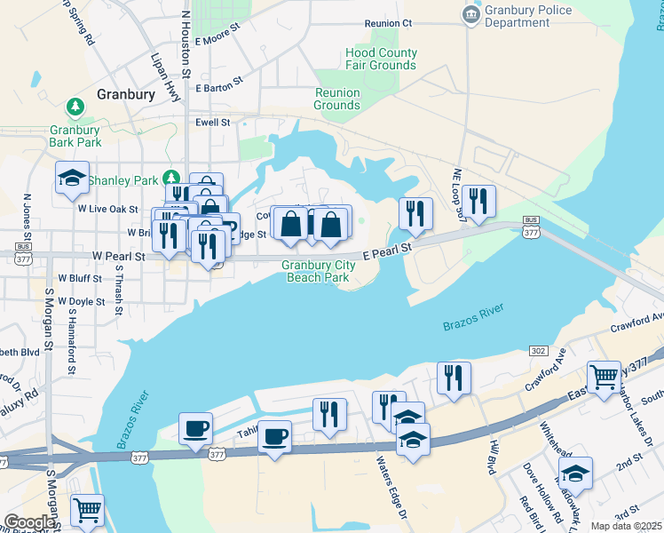 map of restaurants, bars, coffee shops, grocery stores, and more near 621 East State Loop 426 in Granbury