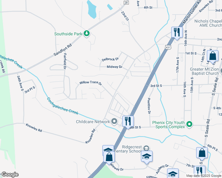 map of restaurants, bars, coffee shops, grocery stores, and more near 2205 Summerwind Drive in Phenix City