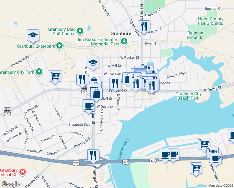 map of restaurants, bars, coffee shops, grocery stores, and more near 405 West Pearl Street in Granbury