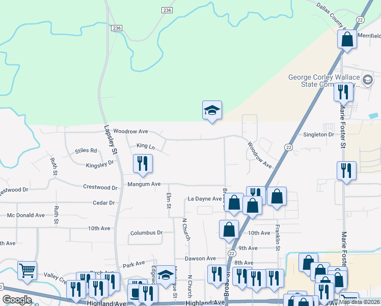 map of restaurants, bars, coffee shops, grocery stores, and more near 850 Woodrow Avenue in Selma