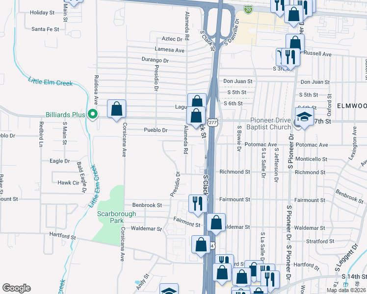 map of restaurants, bars, coffee shops, grocery stores, and more near 801 Alameda Road in Abilene