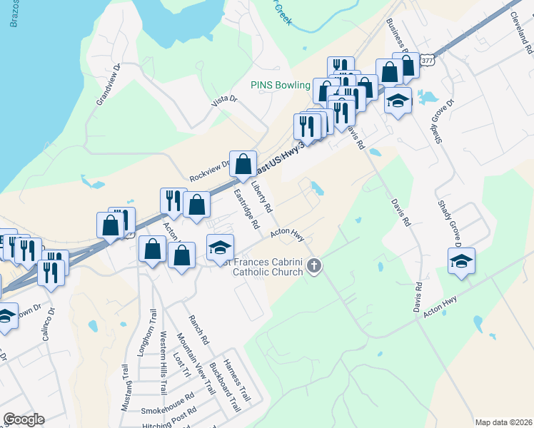 map of restaurants, bars, coffee shops, grocery stores, and more near 250 Liberty Road in Granbury