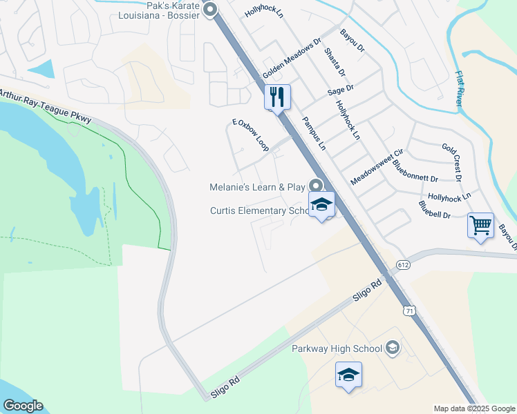 map of restaurants, bars, coffee shops, grocery stores, and more near 1820 Andy Circle in Bossier City