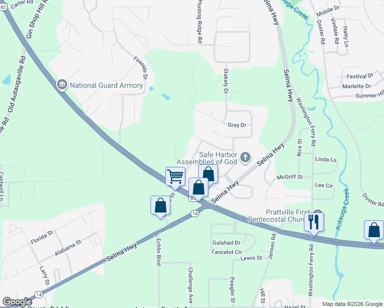map of restaurants, bars, coffee shops, grocery stores, and more near 221 Stewart Street in Prattville