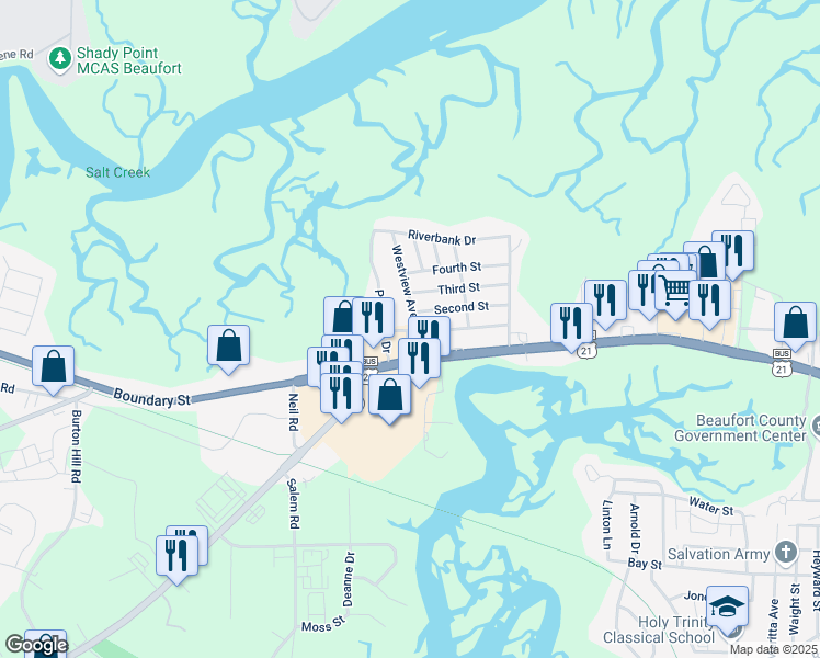 map of restaurants, bars, coffee shops, grocery stores, and more near 3001 Polk Street in Beaufort