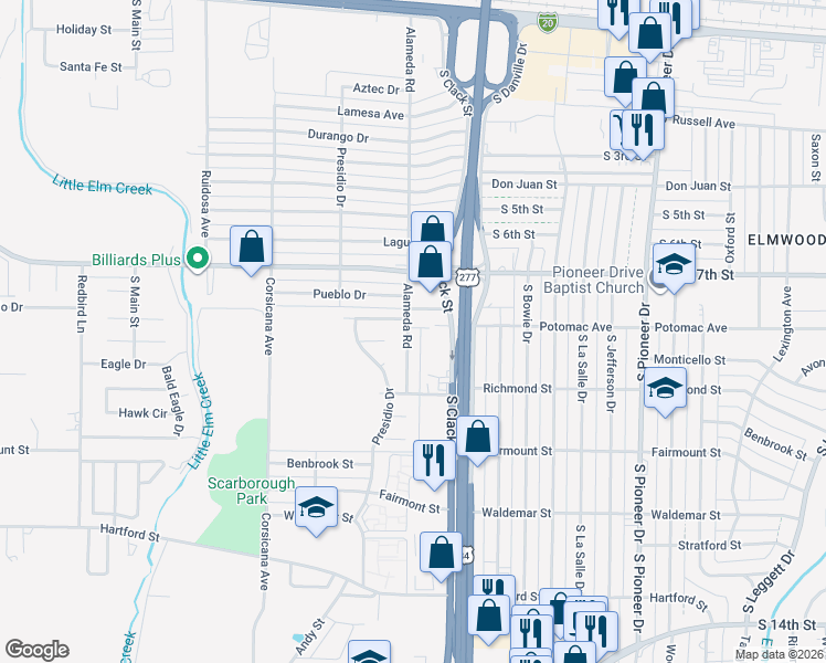 map of restaurants, bars, coffee shops, grocery stores, and more near 801 Alameda Road in Abilene