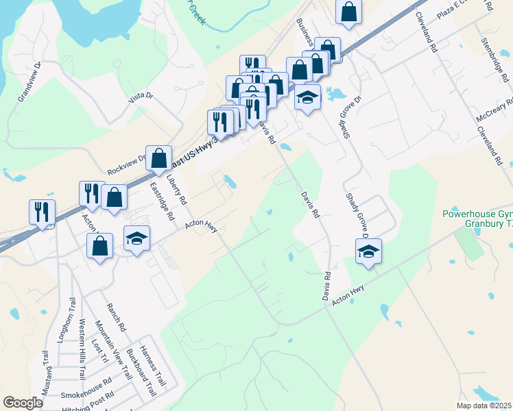 map of restaurants, bars, coffee shops, grocery stores, and more near 2300 Acton Highway in Granbury