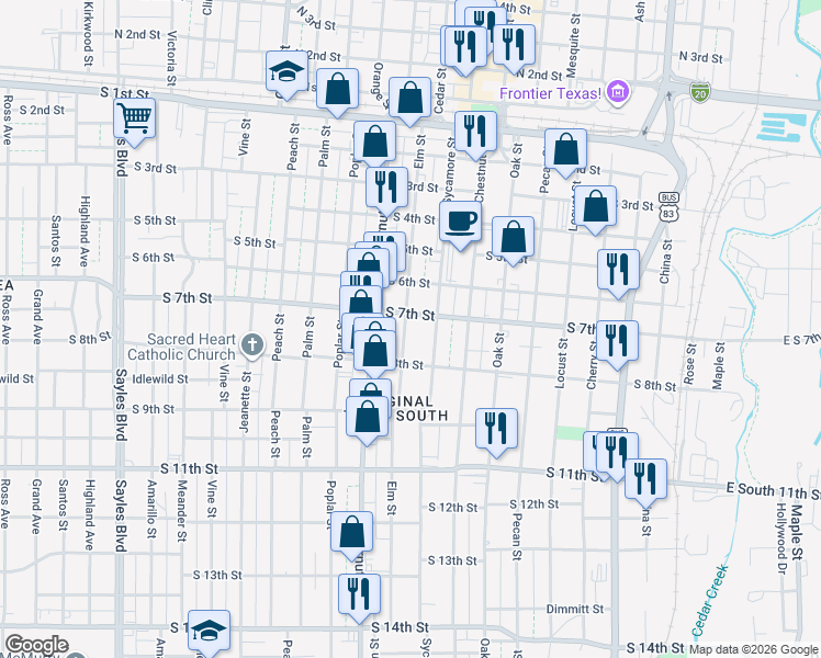 map of restaurants, bars, coffee shops, grocery stores, and more near 725 Elm Street in Abilene