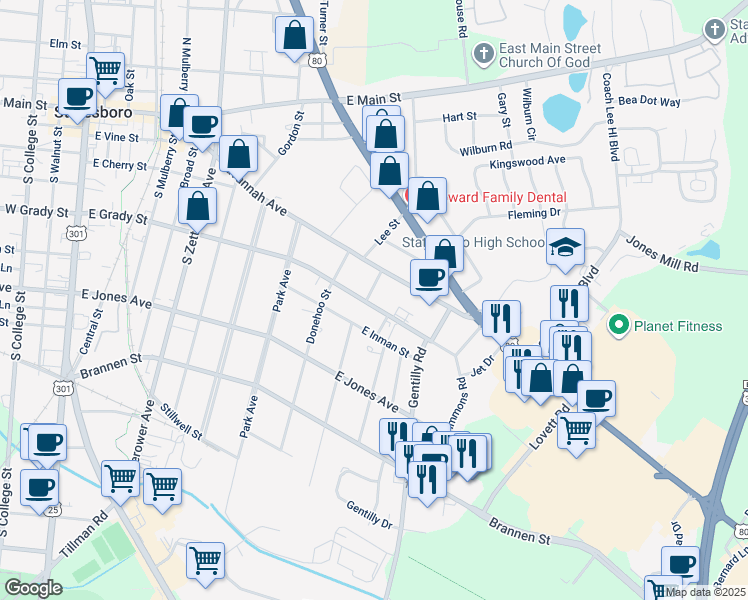 map of restaurants, bars, coffee shops, grocery stores, and more near 603 E Grady St in Statesboro