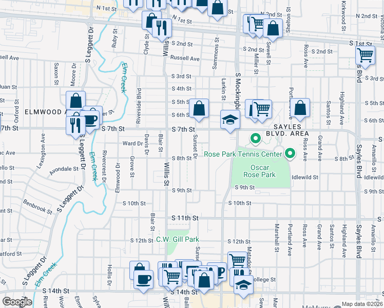 map of restaurants, bars, coffee shops, grocery stores, and more near 790 Sunset Drive in Abilene