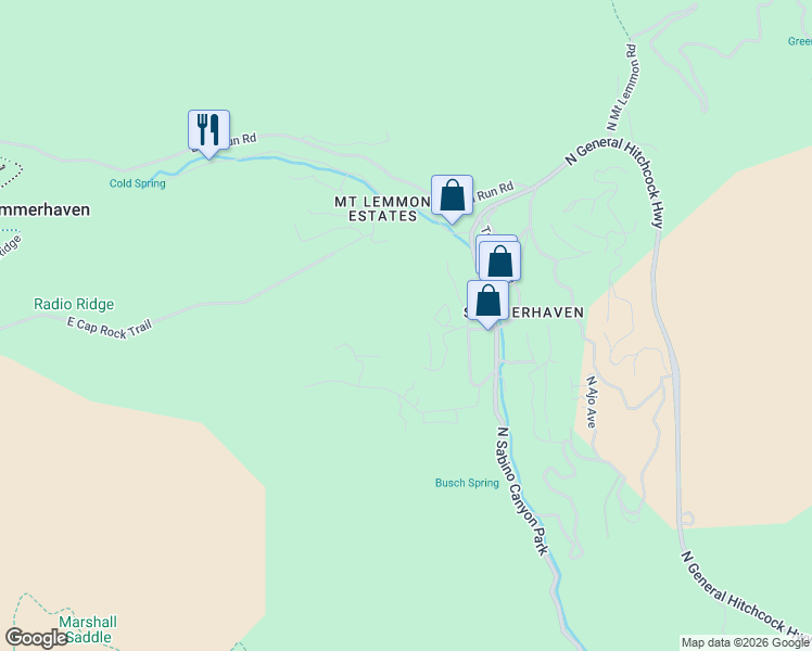 map of restaurants, bars, coffee shops, grocery stores, and more near 12801 North Winkleman Avenue in Mount Lemmon
