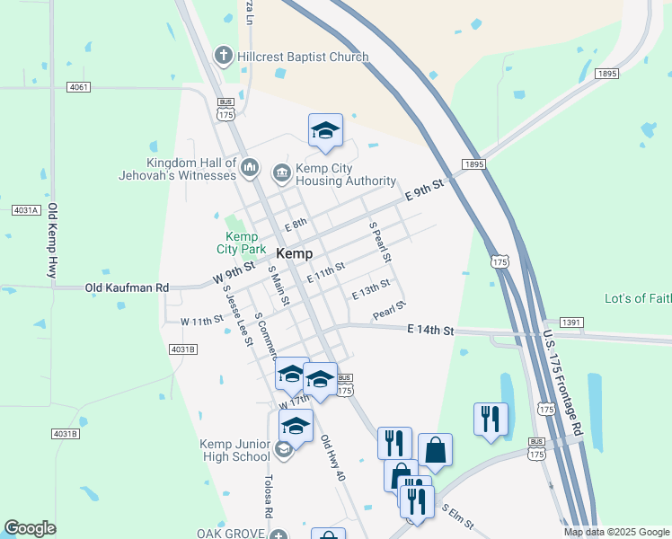 map of restaurants, bars, coffee shops, grocery stores, and more near 303 South Adams Street in Kemp