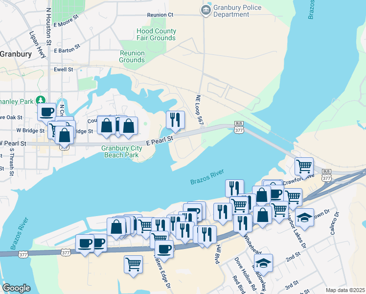 map of restaurants, bars, coffee shops, grocery stores, and more near 101,119 Market Street in Granbury