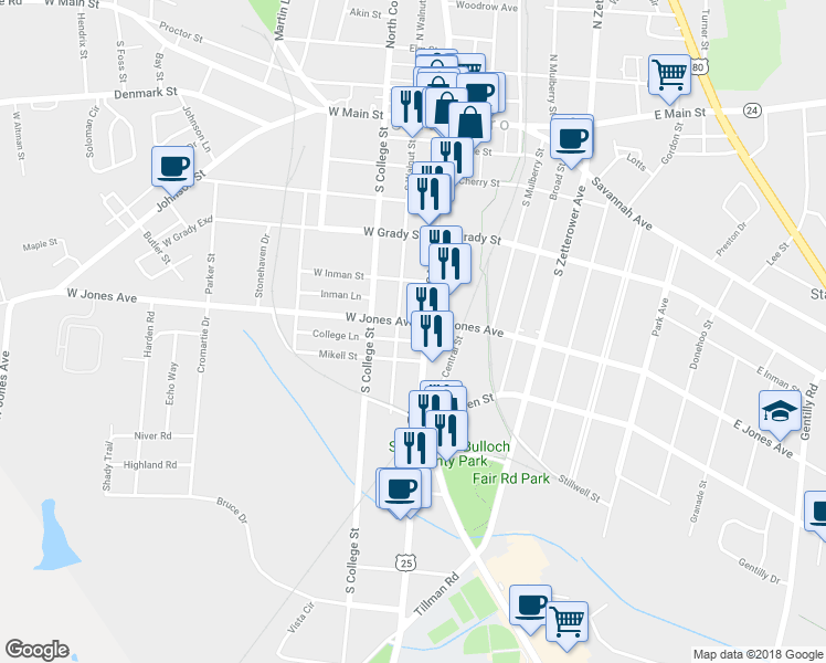 map of restaurants, bars, coffee shops, grocery stores, and more near 301 South Main Street in Statesboro