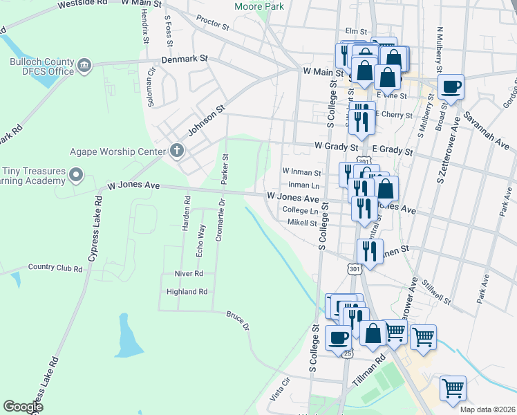 map of restaurants, bars, coffee shops, grocery stores, and more near 305 Rackley Street in Statesboro