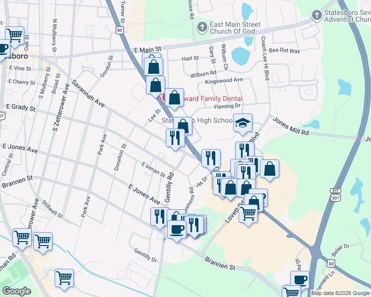 map of restaurants, bars, coffee shops, grocery stores, and more near 833 Northside Drive East in Statesboro