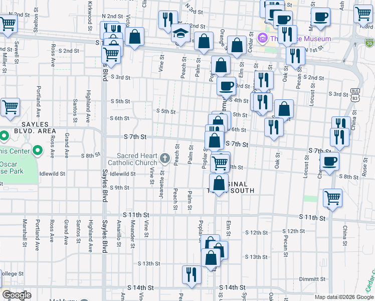 map of restaurants, bars, coffee shops, grocery stores, and more near 734 Palm Street in Abilene