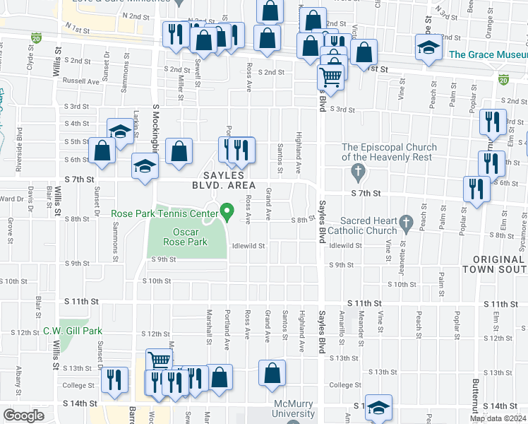 map of restaurants, bars, coffee shops, grocery stores, and more near 774 Grand Avenue in Abilene