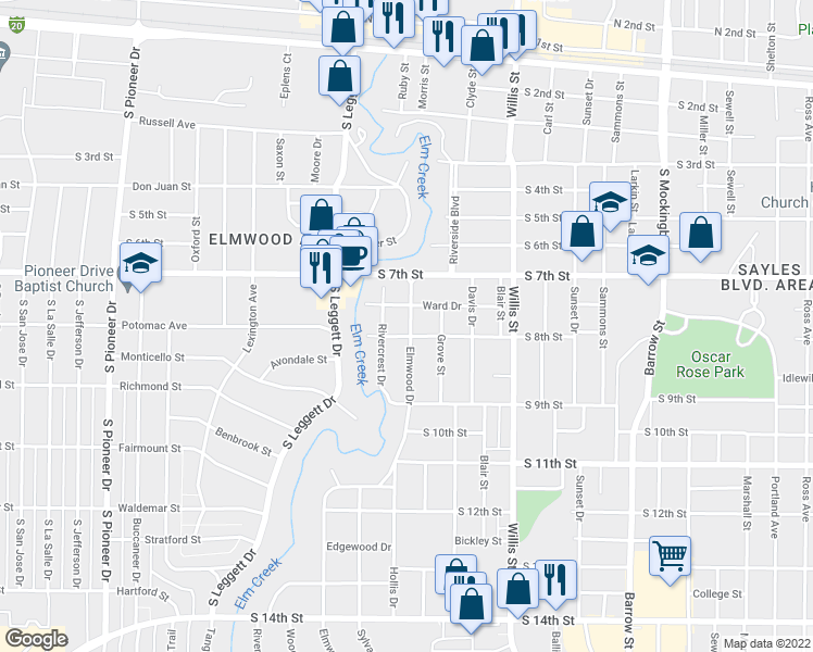 map of restaurants, bars, coffee shops, grocery stores, and more near 774 Elmwood Drive in Abilene