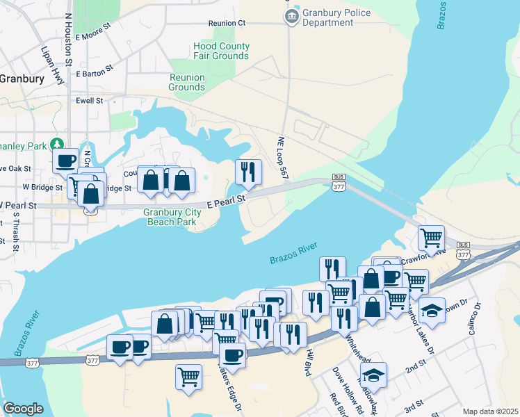 map of restaurants, bars, coffee shops, grocery stores, and more near 100 Watermark Boulevard in Granbury